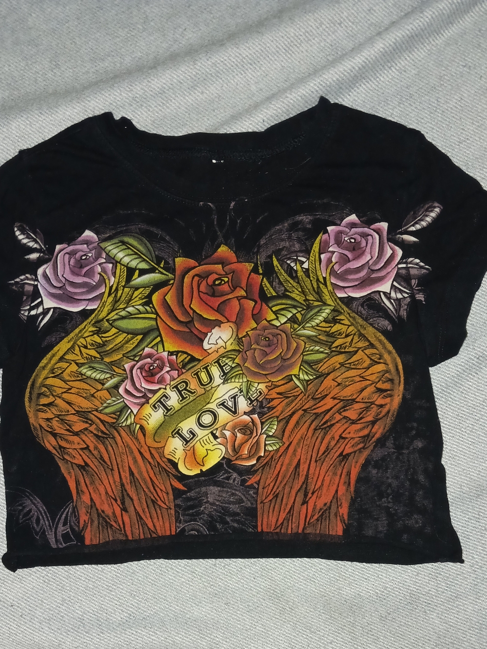 True Love Floral Wing Graphic Crop Top - Black